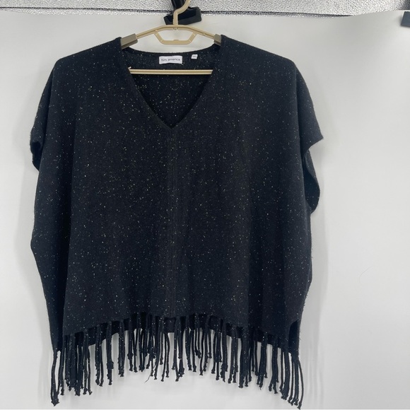 525 America Sweaters - 525 America Black Marled Cashmere Poncho Sweater with Fringe